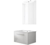 Ensemble De Salle De Bain Meuble Suspendu 60cm Nice Classic Blanc Brillant - Vasque En Céramique - Miroir Sur Châssis - Applique Lumineuse Blanc