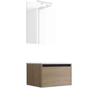 Ensemble De Salle De Bain Meuble Suspendu 60cm Nice Edge Bois Clair - Vasque En Céramique - Miroir Sur Châssis - Applique Lumineuse Beige