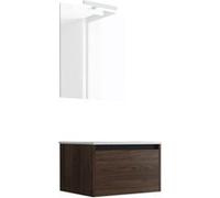 Ensemble De Salle De Bain Meuble Suspendu 60cm Nice Edge Bois Foncé - Vasque En Céramique - Miroir Sur Châssis - Applique Lumineuse Marron