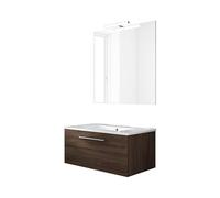 Ensemble de salle de bain meuble suspendu 80cm NICE CLASSIC bois foncé - Vasque - Miroir - Applique