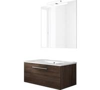 Ensemble De Salle De Bain Meuble Suspendu 80cm Nice Classic Bois Foncé - Vasque En Céramique - Miroir Sur Châssis - Applique Lumineuse Marron