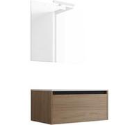 Ensemble De Salle De Bain Meuble Suspendu 80cm Nice Edge Bois Clair - Vasque En Céramique - Miroir Sur Châssis - Applique Lumineuse Beige