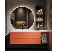 Ensemble de salle de bain moderne avec lavabo en bois massif flottant avec miroir rond éclairé et étagère latérale à fermeture douce, dessus spacieux pour une rage élégante