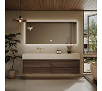 Ensemble de salle de bain mural avec miroir anti-buée intelligent et dessus en ardoise, armoire élégante en bois massif avec tiroirs pour salle de bain moderne