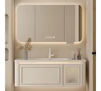 Ensemble de salle de bain mural de 142,4 cm - Vanité moderne en bois avec porte-mouchoirs | Miroir désembuant intelligent et affichage de l'heure, coins arrondis, portes d'armoire en verre (style A)