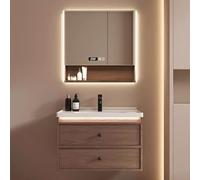Ensemble de salle de bain mural moderne de 71,1 cm avec lavabo et miroir LED - Finition marron - Solution de rangement élégante pour salles de bains contemporaines et design peu encombrant