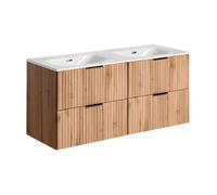 Ensemble de salle de bain NOXERA 120 cm - Chêne wotan - Meubles sous vasque avec double vasque encastrée et siphons