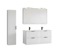 Ensemble de salle de bain NOXERA 120 cm - Meuble sous vasque suspendu blanc alpin avec double vasque encastrée, miroir LED et co