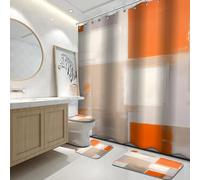 Ensemble de salle de bain orange avec rideau de douche et tapis | Ensemble de rideau de douche avec tapis de bain, tapis de toilette en forme de U, couvercle de couvercle et 12 crochets