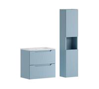 Ensemble de salle de bain suspendu VANO bleu denim 90cm : meuble sous vasque à tiroirs + vasque à encastrer blanche + colonne