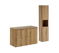 Ensemble de salle de bain VANO aspect chêne 120cm : meuble sous vasque à tiroirs et placards + plan pour vasque + colonne