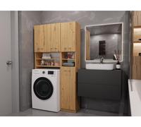 Ensemble de salle de bains Ardea DK, avec 10 compartiments, armoire haute + armoire pour lave-linge avec porte à charnières, couleur : chêne artisanal