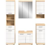 Ensemble de salle de bains LEWOTO - 1 armoire haute, 1 armoire basse pour lavabo, 1 armoire de toilette et 2 demi-armoires - blanc et chêne