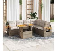 Ensemble de salon 7 pièces avec coussins, rotin beige et acacia, modulaire avec rangement et sac imperméable, table d'appoint pliable, housse de coussin lavable amovible, meubles de jardin