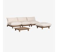 Ensemble de salon avec canapé inclinable modulable 3 pièces, table basse et pouf en bois d'acacia Brina Beige Crème