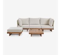 Ensemble de salon avec canapé modulable 3 pièces avec 2 fauteuils d'angle, table basse et pouf en bois d'acacia Dailin Brun Acacia