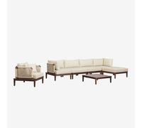 Ensemble de salon avec canapé modulaire 4 pièces avec 2 fauteuils d'angle, table basse, pouf et fauteuil en acacia Giulia Brun Acacia foncé