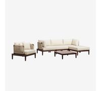 Ensemble de salon avec canapé modulaire de 3 pièces avec 2 fauteuils d'angle, pouf, fauteuil et table basse en acacia Giulia Brun Acacia foncé