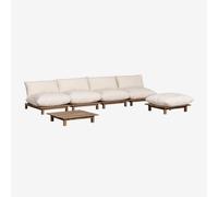 Ensemble de salon avec canapé modulaire inclinable 4 pièces, table basse et pouf en bois d'acacia Brina Beige Crème