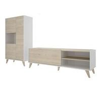 Ensemble de salon avec meuble bas TV + buffet avec 3 portes coloris chêne naturel, blanc Blanc G