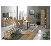 Ensemble de salon, buffet + miroir , vitrine avec LED, table basse, table extensible, lot de 6 chaises coloris chene vieilli - -