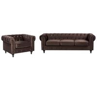 Ensemble de Salon Classique en Velours Capitonné Canapé 3 Places et 1 Fauteuil Marron Foncé Chesterfield