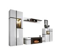 Ensemble de salon CRISS avec cheminée bio-éthanol - Blanc brillant - Meuble TV, vitrine, vitrine basse et étagère