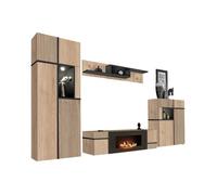 Ensemble de salon CRISS avec cheminée bio-éthanol - Chêne clair et noir - Meuble TV, vitrine, vitrine basse et étagère