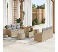 Ensemble de Salon de Jardin 9 Pièces en Rotin Synthetique Modulable avec Table et Poufs, Canapé d'Extérieur Beige Gris pour Terrasse, Patio, Jardin, Résistant aux Intempéries avec Rangement Intégré
