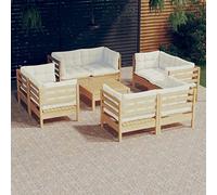 Ensemble de salon de jardin en pin massif 9 pièces, coussin crème, ensemble modulaire de jardin pour se détendre et parler, max 110 kg par siège