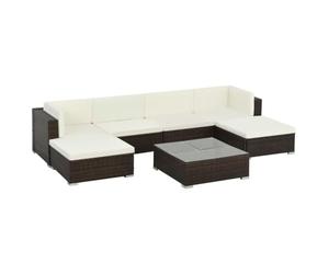 Ensemble de salon de jardin en rotin PE, bronze, 2 canapés d'angle, 2 canapés centraux, table basse, poufs, 6 coussins d'assise et 6 dossiers modulaires.