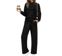 Ensemble de salon deux pièces pour femme - Tenues habillées à manches longues avec fente latérale et pantalon large pour l'automne, les voyages et les vacances - Rose, Noir , 3XL