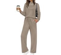 Ensemble de salon deux pièces pour femme - Tenues habillées à manches longues avec fente latérale et pantalon large pour l'automne, les voyages et les vacances - Rose, kaki, XXL