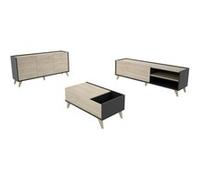 Ensemble de salon en bois mélaminé avec meuble bas TV + table basse relevable + buffet coloris chêne naturel, graphite Beige G