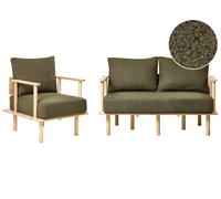 Ensemble de Salon en Bouclé Rembourré Canapé et Fauteuil Pieds Noirs Vert Foncé