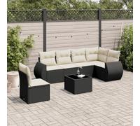 Ensemble de salon en rotin PE 7 pièces avec coussins, table basse noire avec plateau en verre, meubles de jardin rangement et sac imperméable, conception modulaire