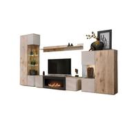 Ensemble de salon ERINA - Vitrine, meuble TV avec cheminée bio-éthanol, étagère murale et buffet haut - Chêne clair et beige