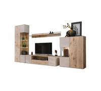 Ensemble de salon ERINA - Vitrine, meuble TV, étagère murale et buffet haut - Chêne clair et beige