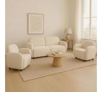 Ensemble de salon HWC-P33, canapé 2 places, 2 fauteuils, tissu/textile chenille (330 g/m²) Oeko-Tex crème