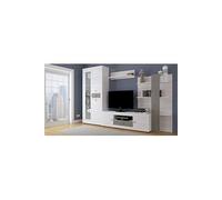 Ensemble de salon meuble TV +1 etagere murale + armoire avec LED + bibliotheque coloris pin andersen, pin gris --