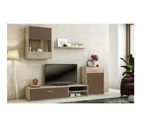 Ensemble de salon meuble TV + 1 étagère murale + meuble haut + meuble bas coloris chêne cambrian, chocolat