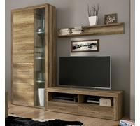 Ensemble de salon meuble TV + 1 étagère murale + vitrine avec LED coloris chêne chêne vieilli