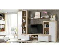 PEGANE Ensemble de Salon Meuble TV + 1 étagère Murale + vitrine Haute + Buffet Bas Coloris chêne Cambrian, Blanc