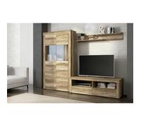 Ensemble de salon meuble TV + 1 étagère murale + vitrine haute coloris chêne chêne vieilli