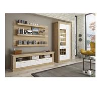 Ensemble de salon, meuble TV + 3 étagères murales + vitrine coloris Chêne cambrian-Blanc