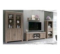 Ensemble de salon meuble TV, etagere murale, buffet, vitrine coloris chene truffe, blanc vieilli -PEGANE- Blanc