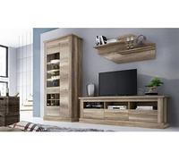 Ensemble de salon meuble TV + etagere murale + vitrine avec LED coloris chene vieilli --