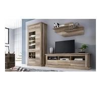 Ensemble de salon meuble TV + etagere murale + vitrine avec LED coloris chene vieilli --
