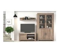 Ensemble de salon meuble TV, etagere murale, vitrine coloris Chene truffe, blanc vieilli --