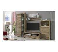 Ensemble de salon meuble TV + étagère murale + vitrine haute avec LED + buffet coloris chêne chêne vieilli